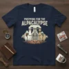 Prepping For The Alpacalypse t-shirt design featuring three alpacas dressed for survival with mountains and a volcano in the background