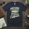 Presidio of San Francisco California t-shirt design with Golden Gate Bridge and historic buildings graphic
