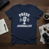 Press Journalist T-Shirt with white vintage microphone graphic and sound waves, navy blue tee