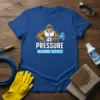 Blue t-shirt with a muscular tiger wearing a hard hat and holding a pressure washer, text reads "PRESSURE WASHING SERVICE"