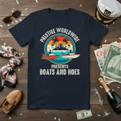 Prestige Worldwide Presents Boats and Hoes t-shirt with a retro sunset graphic of boats on the water