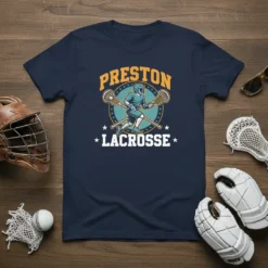 Navy blue t-shirt featuring "PRESTON LACROSSE" text with a lacrosse player graphic and crossed sticks