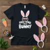 Black t-shirt with "Pretend I'm a Bunny" text and cute bunny ears graphic with heart eyes