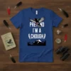 Pretend I'm a Chough text with a bird graphic and mountain landscape on a royal blue t-shirt