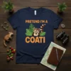 Pretend I'm a Coati T-Shirt design with text and a cute coati graphic surrounded by jungle leaves