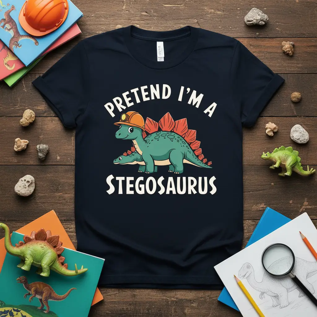 Pretend I'm a Stegosaurus text with a cute stegosaurus wearing a hard hat on a t-shirt
