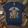 PRETTY GIRLS GOT IT LOC'D text with illustration of three smiling Black women with locs, on a navy blue t-shirt