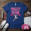 Pretty Little Flyer text with a leaping cheerleader graphic on a navy blue t-shirt