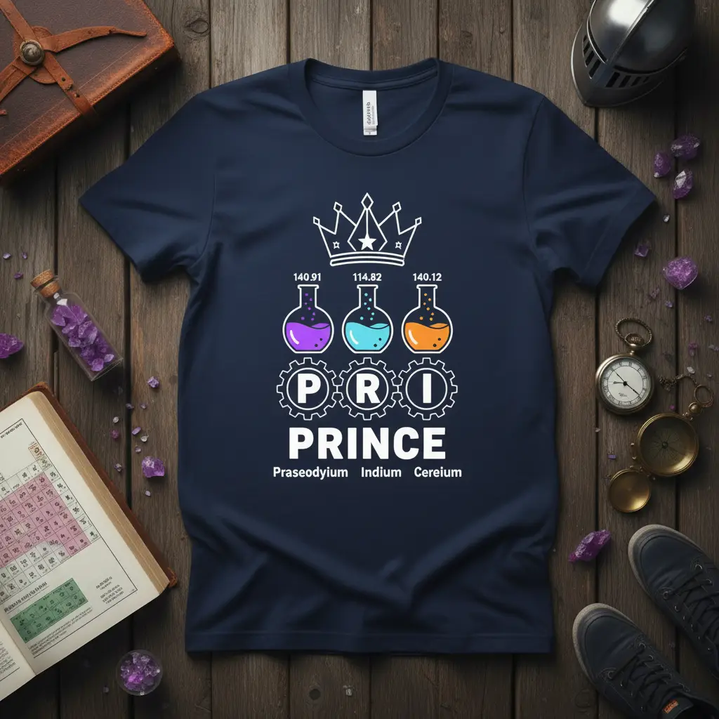 PRI PRINCE science pun design with periodic table elements and crown graphic on navy tee