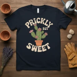 Prickly But Sweet retro cactus t-shirt design with pink flowers and groovy font