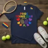 Pride Tennis Club Est. 1970 t-shirt with rainbow text, tennis racquets, and hearts