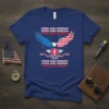 Blue t-shirt with "Pride and Freedom" repeated, featuring a majestic eagle with American flag wings and a torch emblem