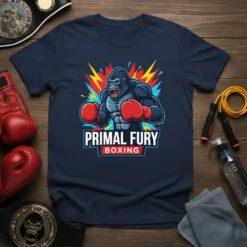 Primal Fury Boxing t-shirt design with a muscular gorilla wearing red boxing gloves and the text "PRIMAL FURY BOXING"
