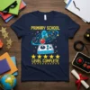 Primary School Level Complete t-shirt design with a retro joystick and smiling character in space