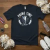 Prime Time Cheer t-shirt design with a silhouette of a cheerleader mid-stunt, surrounded by stars, laurel branches, and fireworks graphic