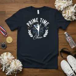 Prime Time Cheer t-shirt design with a silhouette of a cheerleader mid-stunt, surrounded by stars, laurel branches, and fireworks graphic