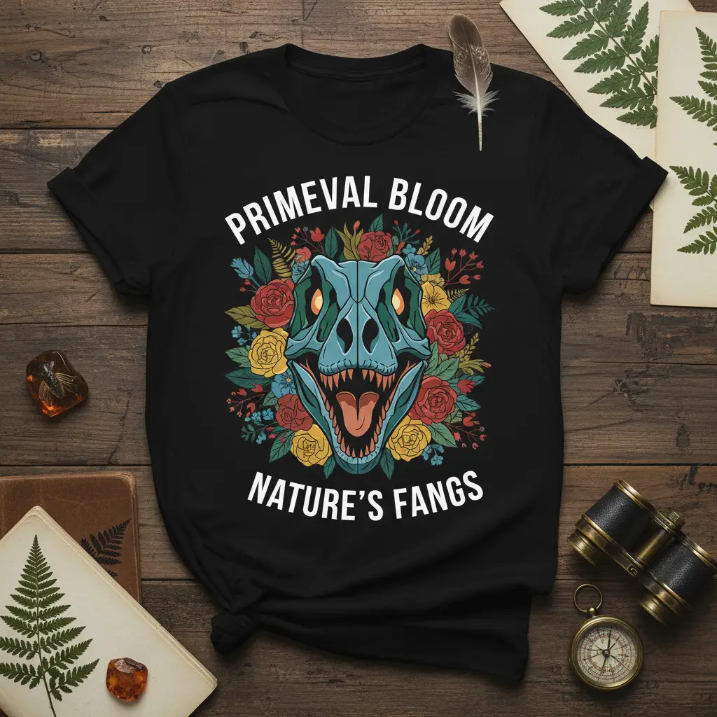 Primeval Bloom Nature's Fangs t-shirt design with a vibrant blue dinosaur skull and colorful floral arrangement