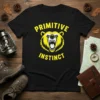 Black t-shirt with yellow text "Primitive Instinct" above a fierce yellow bear graphic