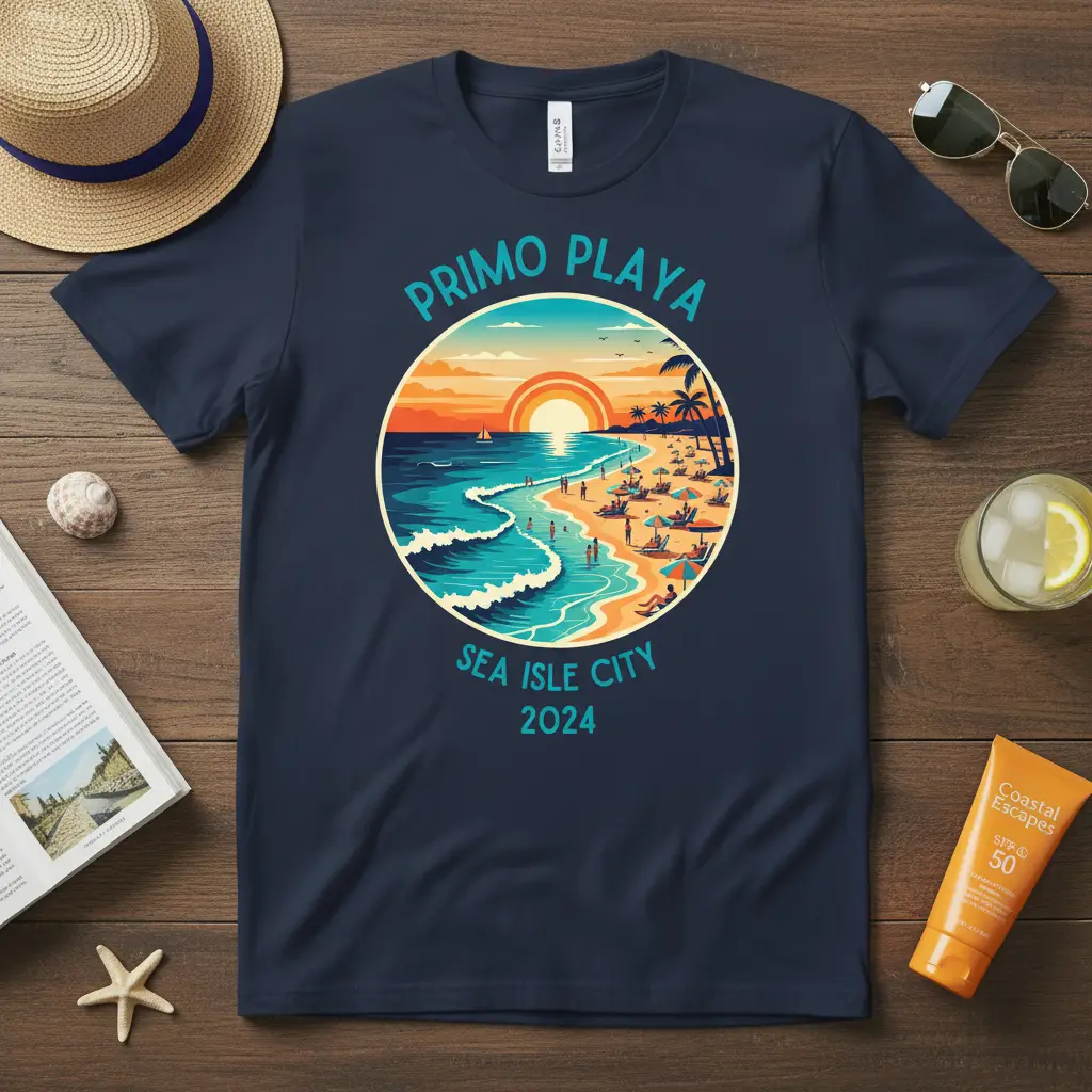 Primo Playa Sea Isle City 2024 graphic tee with a vibrant beach sunset and ocean waves illustration