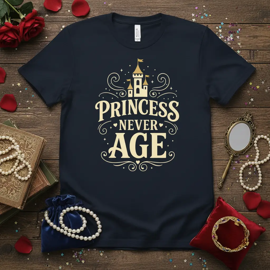 Princess Never Age quote with a whimsical castle graphic, embodying a magical and youthful spirit