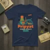 Pripyat Summer Holidays 1986 t-shirt with retro illustration of a nuclear power plant and airplane