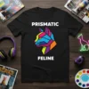 Prismatic Feline T-Shirt featuring a geometric cat head in vibrant colors with text PRISMATIC FELINE