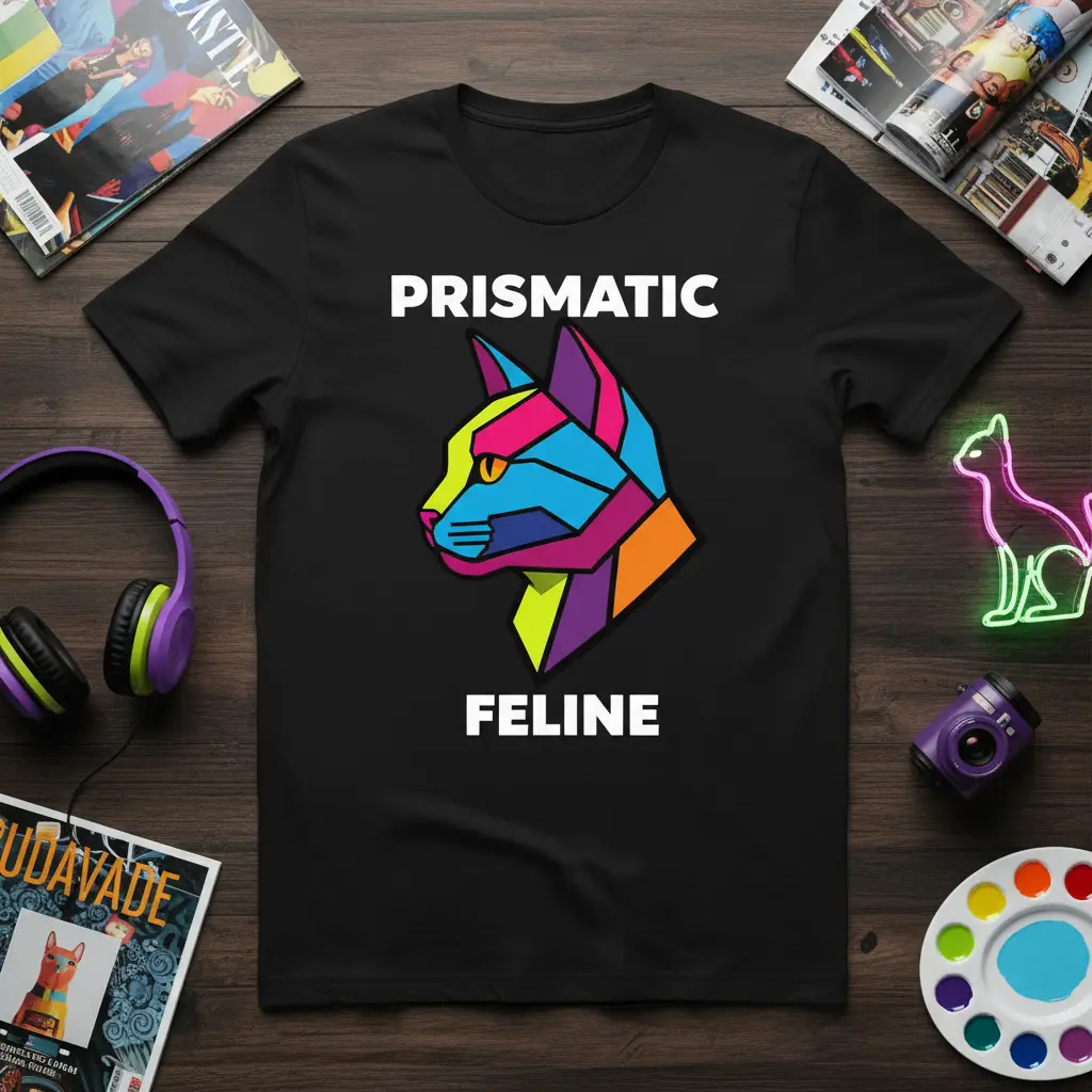Prismatic Feline geometric cat head design with bold text on a black t-shirt