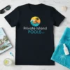 Private Island Pools LLC T-Shirt with a tropical wave logo, palm trees, and sunset graphic