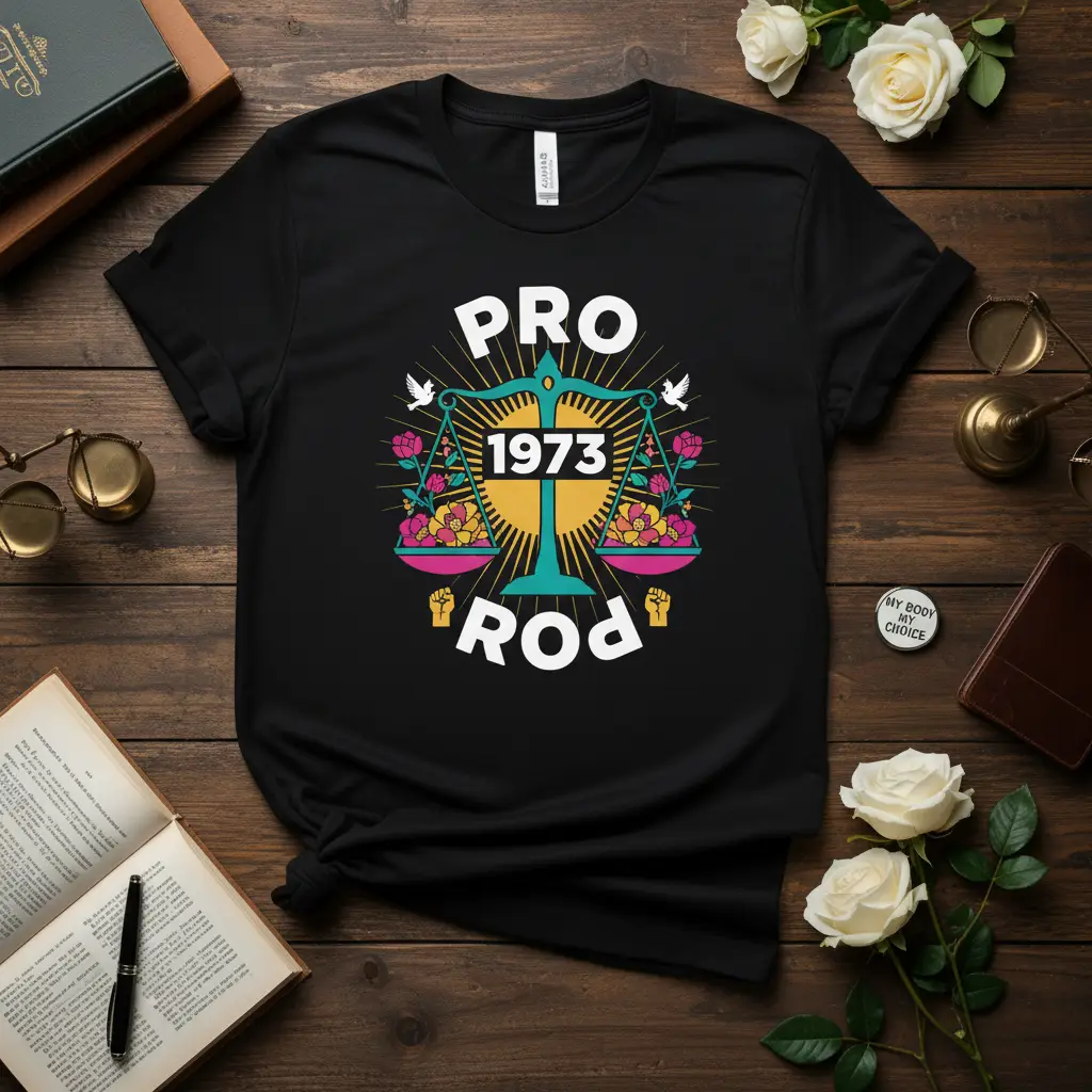 Pro 1973 Rod feminist statement t-shirt design with scales of justice and floral accents
