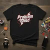 Black t-shirt with "Problem Child" text in white with red and black lightning bolt accents, featuring playful typography