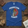 Production Power t-shirt design with a fist holding wheat, gear, and sickle in a circular emblem