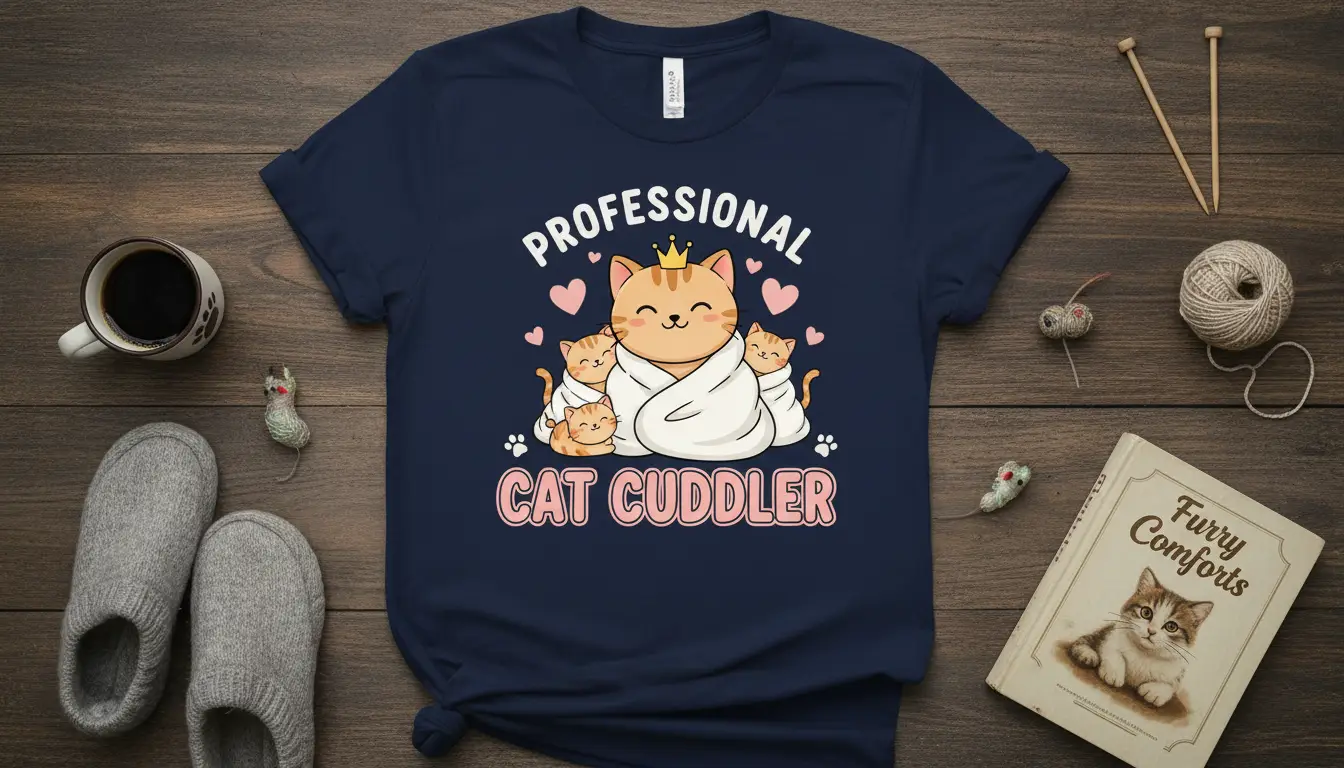 Professional Cat Cuddler quote with a cute cartoon illustration of a mother cat holding kittens on a t-shirt