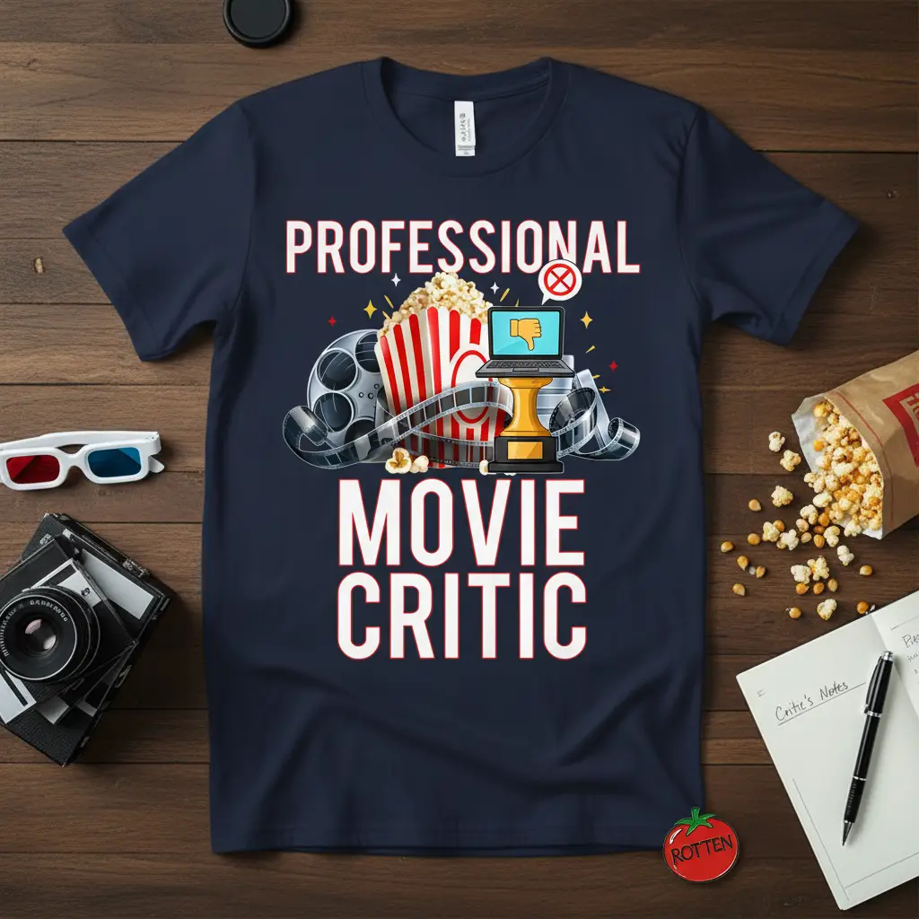Professional Movie Critic quote with cinematic graphics including film reel and popcorn, on a t-shirt