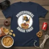 Professional Snack Thief t-shirt design featuring a cat in a mask holding a fishing hook over a box of snacks