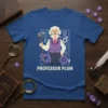 Professor Plum T-Shirt featuring the character Professor Plum in a detective outfit with gears and diagrams, white text on blue