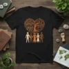 Black t-shirt with heart-shaped tree design featuring words PROGRESS DIVERSITY KINDNESS COMMUNITY STRENGTH and diverse stick figures below