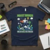 Project Manager Who Can Solve Your Problems t-shirt with graphic of a superhero manager holding a lightbulb above mountains