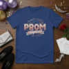 Prom Squad text with fireworks graphic on a navy blue t-shirt, perfect for prom night celebrations
