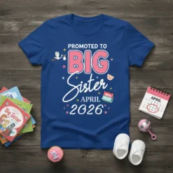 Promoted to Big Sister April 2026 text with stork and calendar graphic on a blue t-shirt