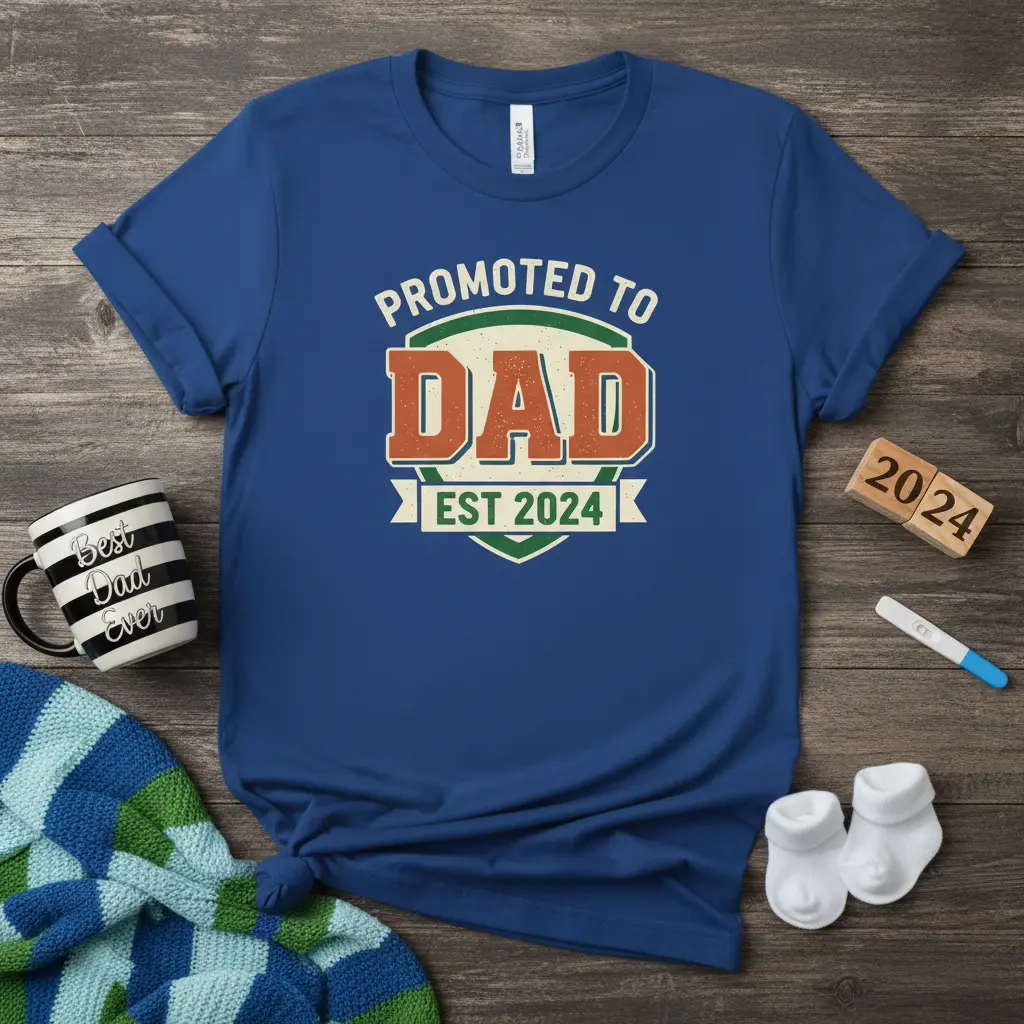 Promoted to Dad Est 2024 retro distressed text design on a blue t-shirt