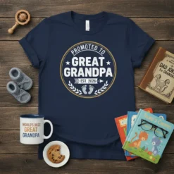 Promoted to Great Grandpa Est 2026 t-shirt with circular design featuring stars, laurel wreath, and baby footprints