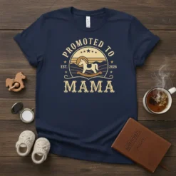 Promoted to Mama Est 2026 text with rocking horse graphic on a navy t-shirt