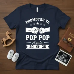 Promoted to Pop Pop Again 2026 text and graphic design on a navy t-shirt, featuring fists bumping and baby footprints