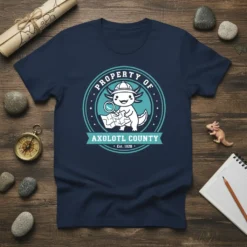 PROPERTY OF AXOLOTL COUNTY Est. 1920 T-Shirt with a cute axolotl explorer holding a map and magnifying glass