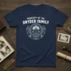 Property of the Snyder Family Crest T-Shirt with lions, tree, and banner design