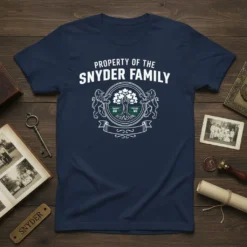 Property of the Snyder Family Crest T-Shirt with lions, tree, and banner design