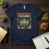 Prosperity Focused t-shirt with lotus flower graphic, city skyline, and upward arrows symbolizing financial growth