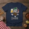Prost! Oktoberfest cat wearing lederhosen and a green hat, holding a beer mug and sausage. Navy t-shirt design