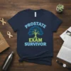 Navy blue t-shirt with "Prostate Exam Survivor" text and a stylized tree graphic