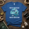 Protect Our Ocean Protect Our Future t-shirt featuring a circular design with a whale, orca, narwhal, and sea turtle surrounded